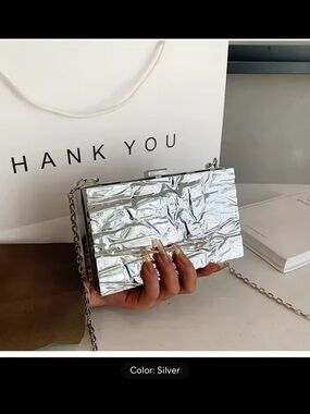 Silver Metallic Clutch with Chain Strap